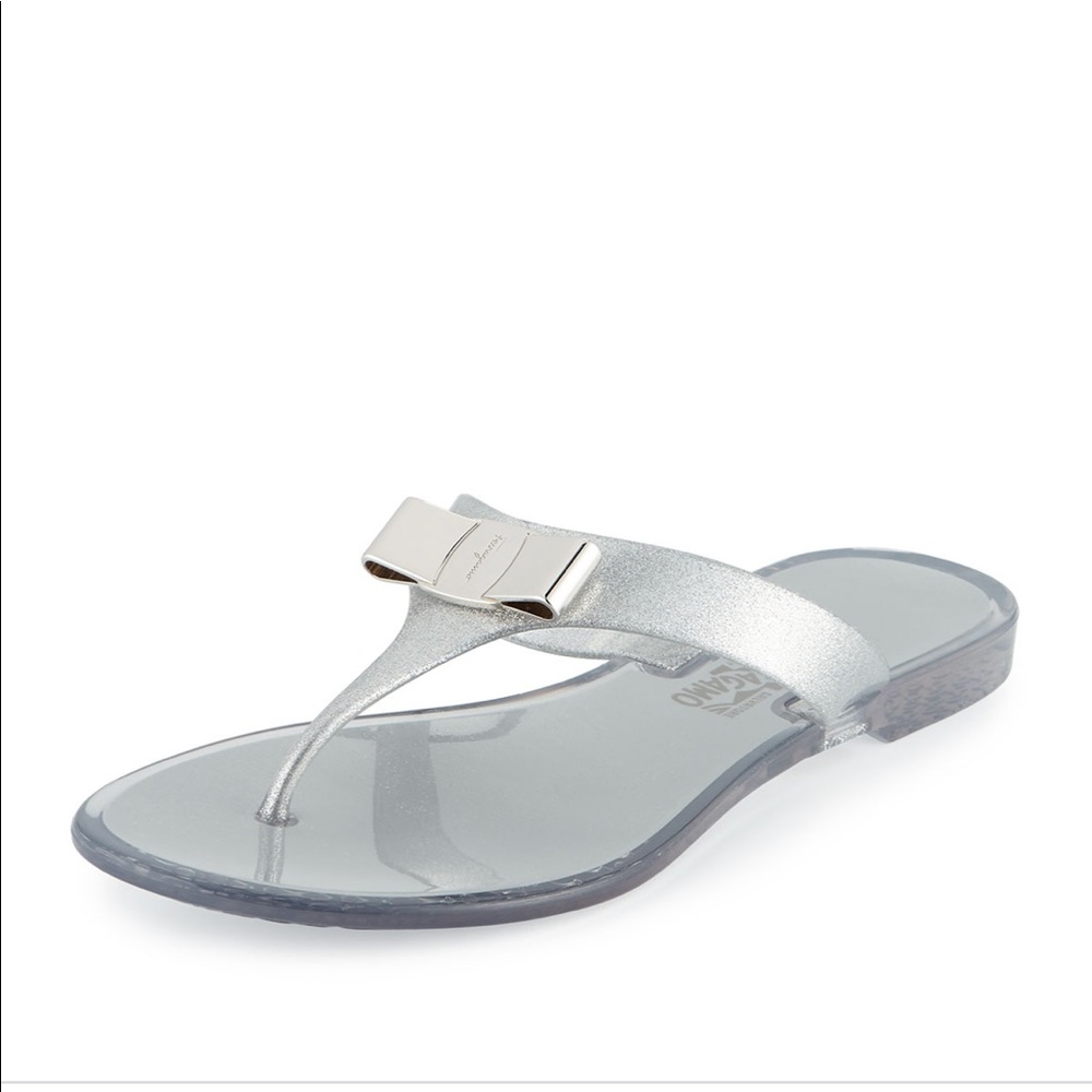 Salvatore ferragamo silver bow jelly flat sandal size 10 9.5 40